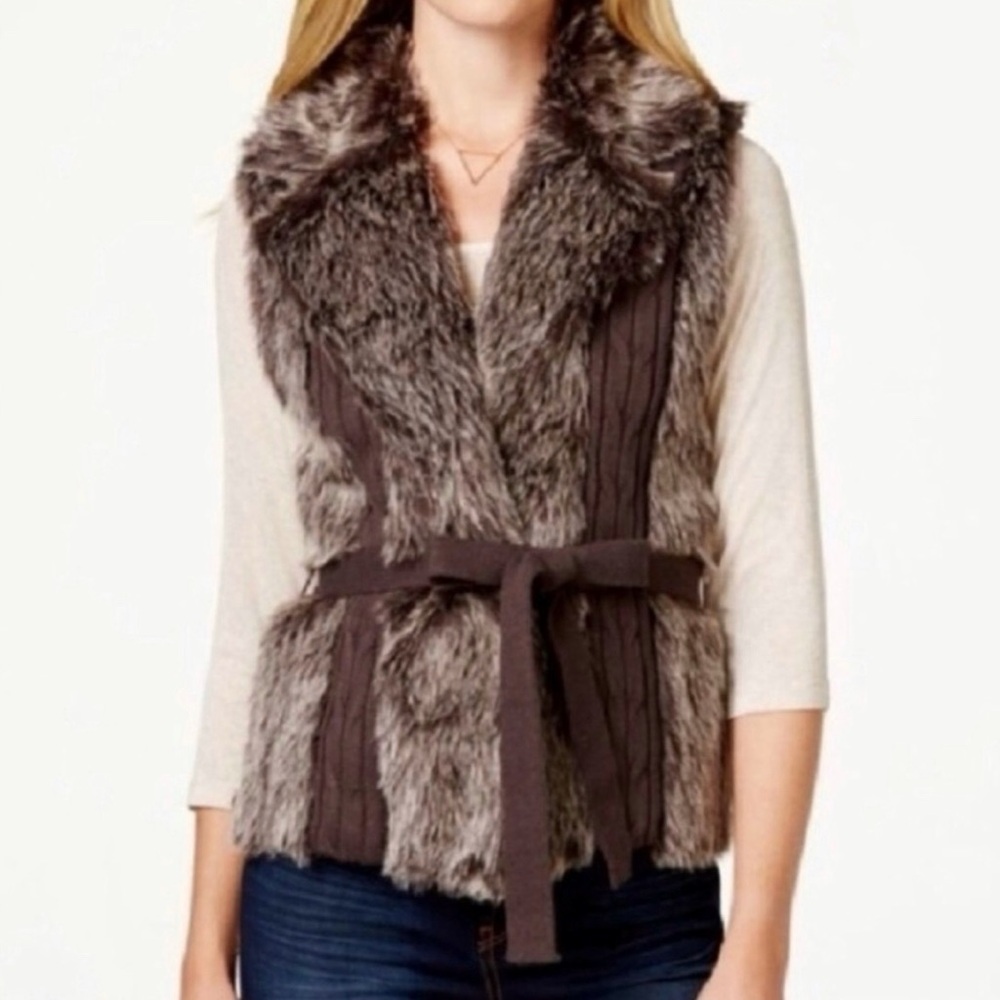 XOXO Faux Fur Ribbed Knit Belted Vest Brown Mobwife Festival Size Medium